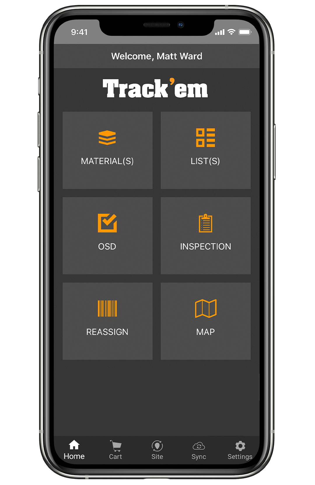 Trackem materials app home screen